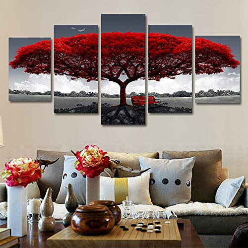 RDCHY Impression sur Toile - Tableau Multi Panneaux - Paysage d'arbre Rouge Tableau Peinture sur Toile Moderne pour Salon Appartement Chambre Décoration, 5...