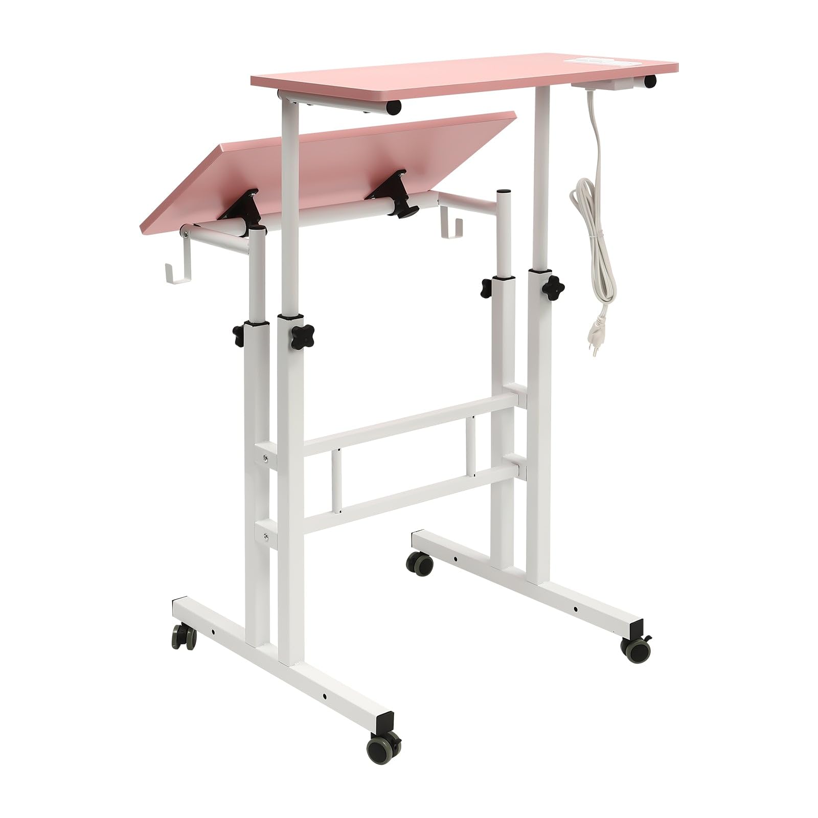 Small Adjustable Standing Desk with Wheels Home Office Workstation Portable Rolling Desk Laptop Cart Pink — view 5