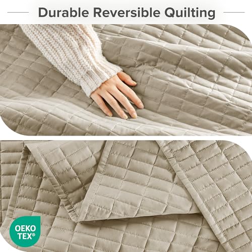 Comfort Spaces Queen Quilt Set Modern Reversible Plaid Coverlet Queen Bedding Set Cozy Quilted Winter Layer, All Season Lightweight Soft Queen Size Quilt, Kienna, Full/Queen Beige 3 Piece by Comfort Spaces - Used condition - Image 4
