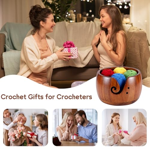 Image of Wooden Yarn Bowl for Crocheting, Knitting Yarn Bowl with Holes Storage, Crochet Bowls for Yarn, Crochet Yarn Bowl for Crocheting and Knitting Lovers Gift(6 inch x 6 inch x 3 inch)