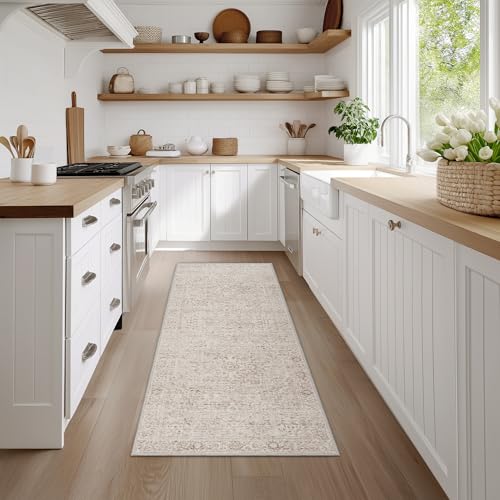 Image of Beauoop Hallway Runner Rug Beige Neutral Washable 60x180 cm Non Slip Low Pile Vintage Traditional Indoor Carpet Soft Retro Entryway Thin Rug for Kitchen Living Room Bedroom Bathroom Laundry Entrance