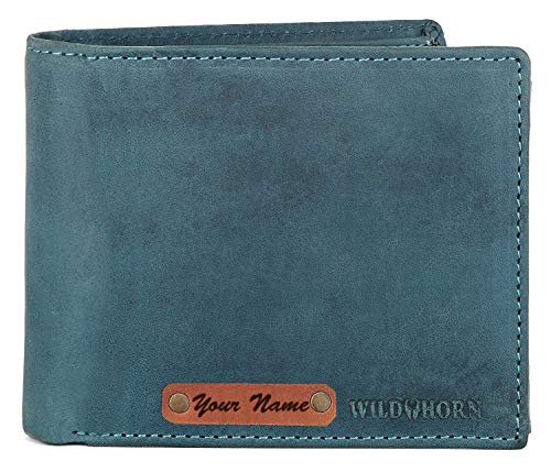 Image of WildHorn Customizable Leather Wallet for Gifting | Engrave with Your Name,Company Name or Initials (Blue Hunter 1)