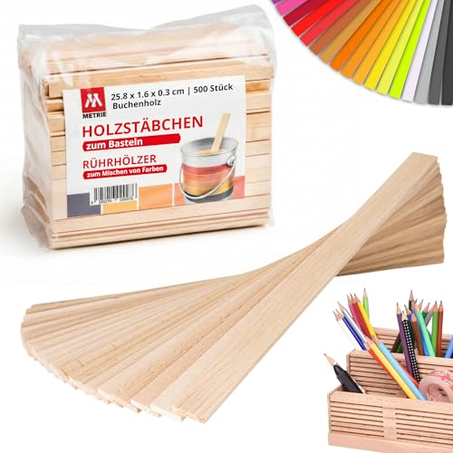 Metrie™ 500 Stück Robuste Rührhölzer, Standard-Größe, Hochwertiges Buchenholz, 258 x 16 x 3,2mm, Perfekt zum Mischen von Farben und Dichtstoffen, Natur, Made in EU