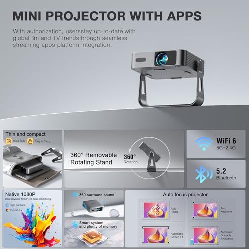 Image of [Officially-Licensed App & Auto Focus]Light Silver Smart Mini Projector with WiFi and Bluetooth, XuanPad 4K Support Movie Projector, Portable Native 1080P Outdoor Projector with 360 Stand