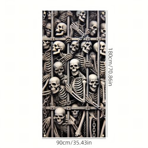 Image of Halloween Skeleton Fabric Door Cover Scary Skull Banner 35 x 71 Inch | Skeleton and Skull Design | Haunted House Door Backdrop | Halloween Party, Porch and Wall Decoration | 1 Piece