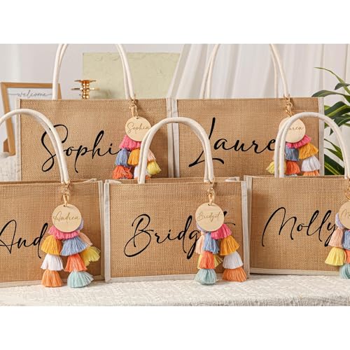 CY Studio Personalized Bridesmaid Gift Bag with Charm, Custom Beach Tote Bag Burlap Gift