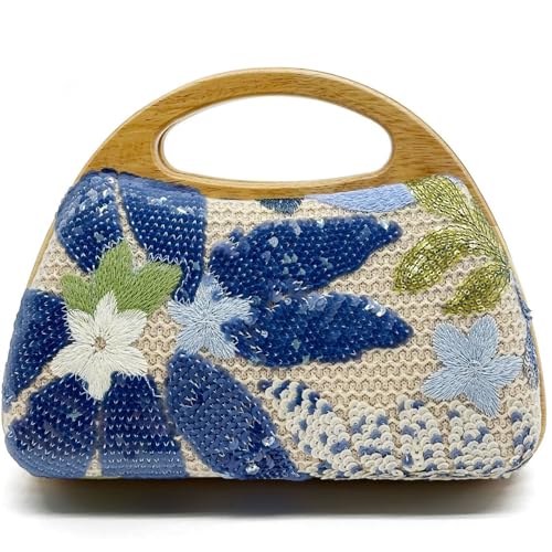 Sac en paille bleu pour femme avec motif sequins et anse en bois 23x18cm
