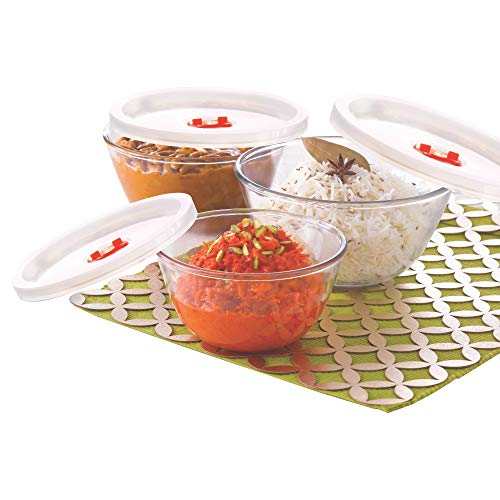 Borosil Glass Mixing Bowl with lid – Set of 3 (500 ML + 900 ML + 1.3L) Oven and Microwave Safe
