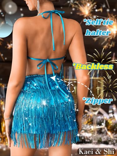 Image of Kaei&Shi Sequin Fringe Romper,Sparkly Glitter Metallic Jumpsuits For Women,Backless Shorts Dress Disco Birthday Dance Outfit