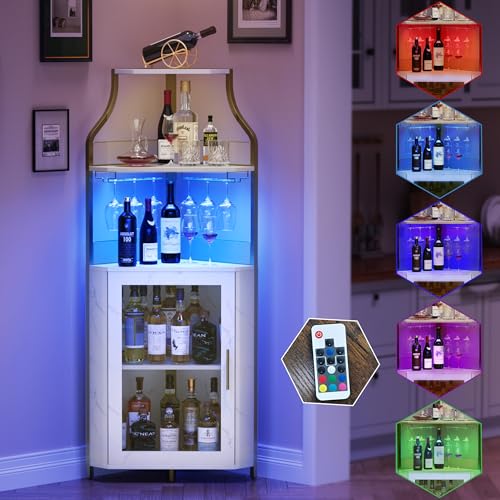 GarveeHome Corner Bar Wine Cabinet with LED Lights, 5-Tier Industrial Wine Cabinet with Glass Holder, Modern Liquor Cabinet with Adjustable Shelf, Home Bar Cabinet with Mesh Door, Gold - Image 4