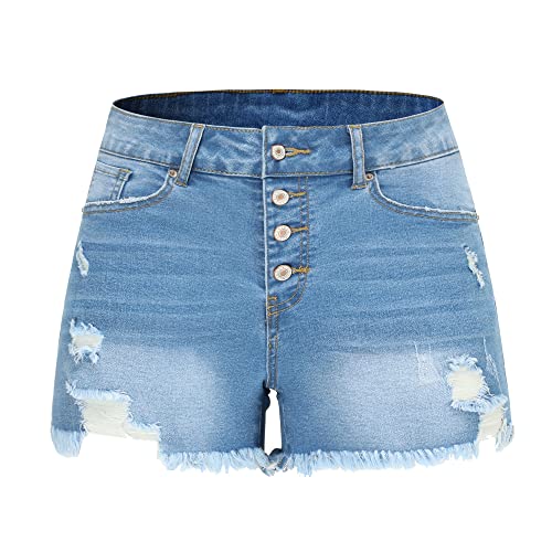 Image of THUNDER STAR Women Mid Rise Ripped Stretchy Jeans Shorts Frayed Raw Hem Casual Denim Shorts