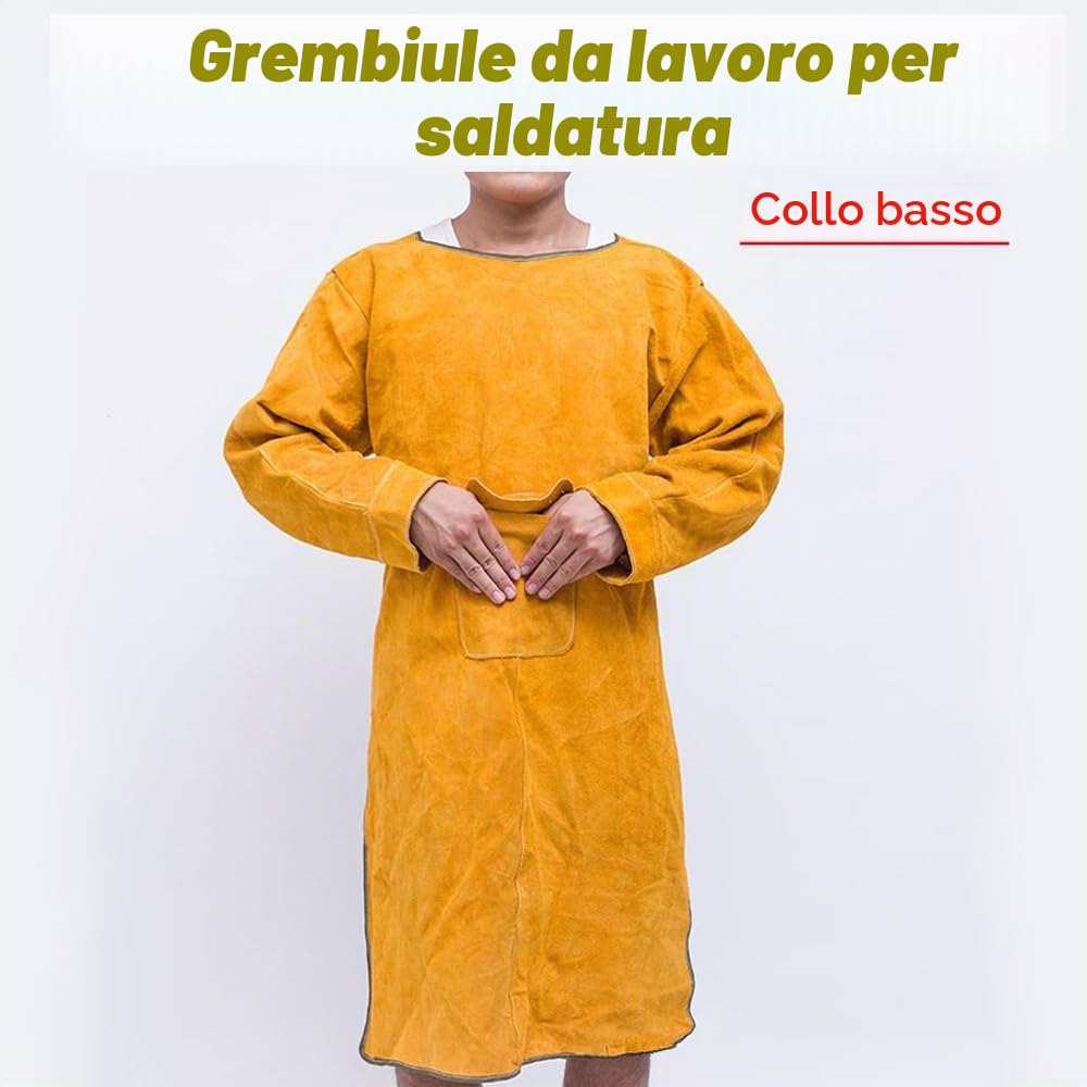 Grembiule da saldatore in pelle con tasca per attrezzi, regolabile, protezione da lavoro, anti-fiamma, cappotto lungo per la lavorazione del legno (colletto basso)