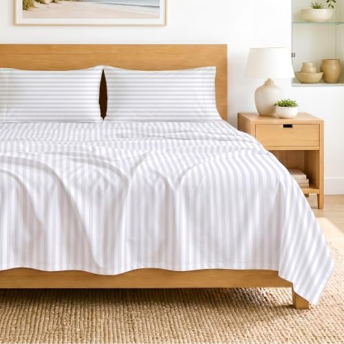 Image of SGI bedding 100% Egyptian Cotton Sheets Full XL Size - 600 Thread Count Sheets Set, Soft, Cooling, 15 inch Deep Pocket, Luxury Hotel Bedding, Breathable, Durable - White Stripe