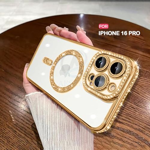 Image of AESTMO Back Cover for iPhone 16 Pro Compatible with MagSafe | Diamond Glitter Case | Luxury Bling Rhinestone Soft Clear TPU Bumper | Camera Lens Protection Cover for iPhone 16 Pro (Gold)