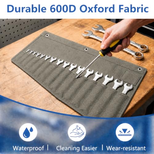 Image of Wrench Roll Up Pouch,16-Pocket Heavy Duty Roll Up Tool Bag,Sturdy Waterproof Oxford Fabric with 3 Rings for Wrenches,Screwdrivers,Hand Tools Storage,Portable Wrench Organizer for Mechanics(Olive Gray)