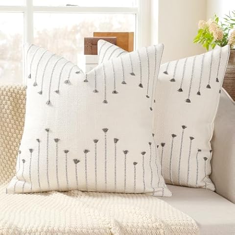 YCOLL Pillow Cover 16x16 Set of 2 Neutral Woven Decorative Throw Pillows for Couch Bed Living Room Cotton Tufted Couch Pillows Modern Farmhouse Accent Pillows Boho Home Decor, Gray Cover