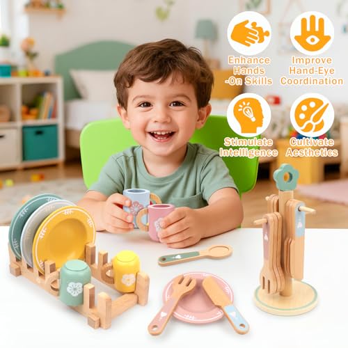 Kinderküche Zubehör Kinderküche Geschirr, Spielküche Zubehör Holz mit Tassen Teller, Bunt Teeservice Kinder Küchenzubehör Spielzeug für Jungen und Mädchen 3 4 5 6 7 8 Jahre für Weihnachten Geburtstag