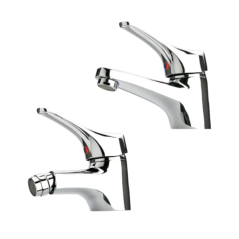 Inbagno Set rubinetti miscelatori lavabo e Bidet cromati, Scarico Incluso, Piralla Serie Ariel (Set Lavabo e Bidet)