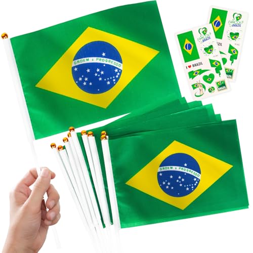 10 Piezas Banderas Pequeñas de Brasil con Palo & 2 Tatuajes, Mini Bandiera brasileña de Mano con Varilla para Mundial Fútbol 2026 Día de la Independencia Olimpiadas Desfile Decoración