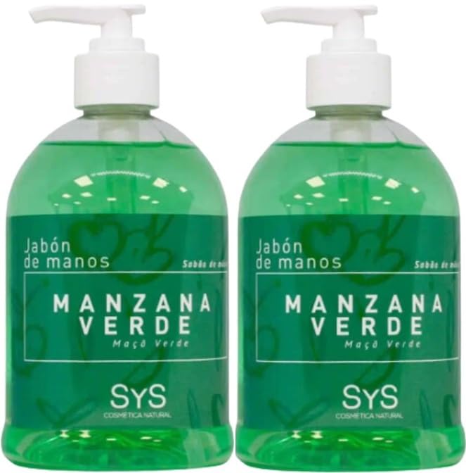 SYS Cosmética Natural Jabón de Manos con Manzana Verde, Pack de 2 Botellas x 500ml, Hidratante y Suavizante Respeta el pH Natural de la piel. Aporta suavidad, frescor y perfuma la piel.