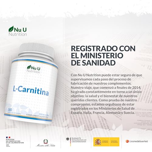 Miniatura 3 de L-Carnitina 2200mg - 180 Cápsulas Veganas de Alta Potencia - Con riboflavina, biotina, cromo, vitamina D, B3 y B6 - Tartrato de L-Carnitina - Fabricado en Europa - Nu U Nutrition