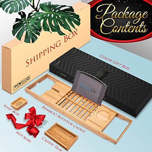 Serenelife Bamboo Bathtub Caddy With Luxury Gift Box And Red Gifting Ribbon Extendable & Adjustable Tray With Device/Book Holder With Removable Trays For Bath Accessories (Natural Color) #TOP1