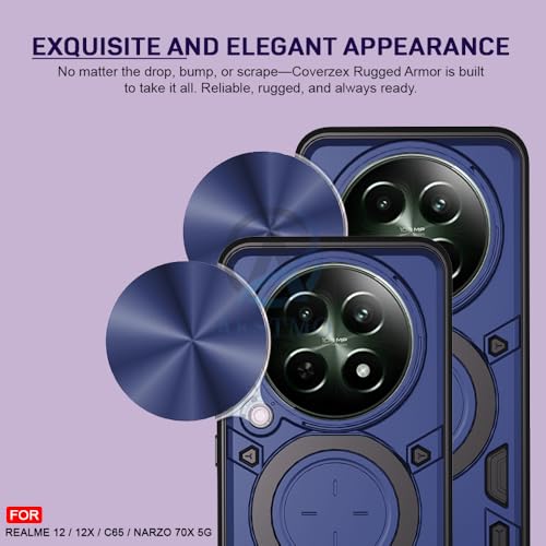 Image of AESTMO Armor Realme 12X / 12 / C65 / Narzo 70X 5GG Bumper Back Case Cover | Ring Holder & CD Pattern Sliding Camera Shutter Cover | 360 Degree Protection Back Case Cover (Blue)