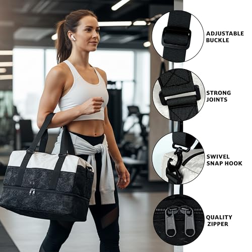 Image of Storite Polyester Duffle Bag with Shoe Compartment, Black /White, 34x23x43cm | Water Resistant, Lightweight, Large Capacity, Spacious Storage, Travel, Gym, Sports, Weekend Trips