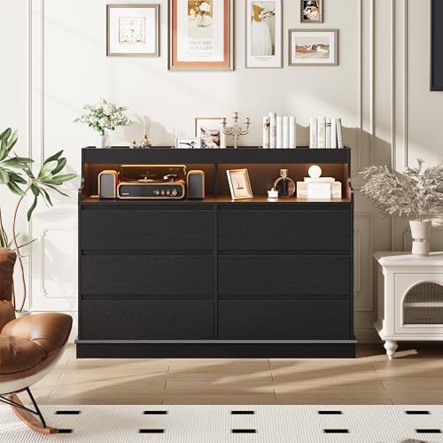 Dresser for Bedroom, 6 Drawer Dresser with LED Lights and Charging Station, Wide Chest of 6 Drawers with Open Space, Modern Large Capacity Storage Cabinet, Living Room, Hallway, Black