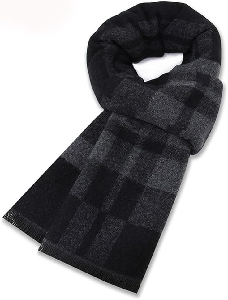 Men's Scarf Blend Plaid Scarf Men Winter Fashion Warmth Thick Plaid Scarf(Black)