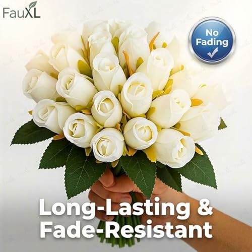 Image of Set of 24 Artificial Rose Flowers Bunches for Vase - Home Decoration Gift Items for Living Room Corner Table Top Bedroom Wedding (Pot Not Included) - 24 CM (White)