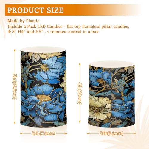 Image of ALAZA Blue Gold Luxury Flowers Flickering Flameless Candles Battery Operated with Remote Timer,Tea Light Candles LED Pillar Votive Candles Set of 2 for Outdoor Indoor Decorations