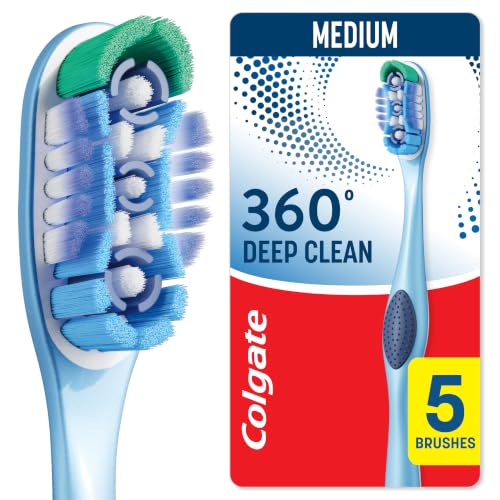 Image of Colgate 360 Whole Mouth Clean Toothbrush, Adult Medium Toothbrushes, 5 Count (Pack of 1)