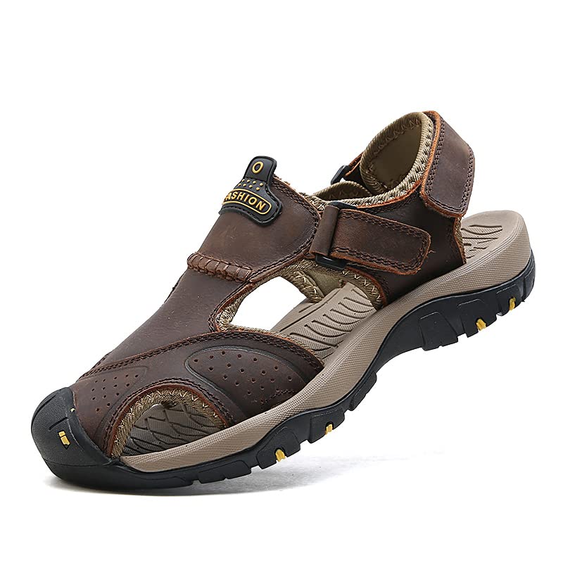 Men's Hiking Driving Leather Sandals Casual Athletic Beach Shoes Closed Toe Breathable Lightweight Water Sandals Outdoor Walking Sandals