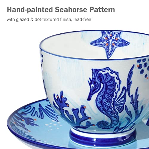 Taimei Teatime Ceramic Tea Cup And Saucer Set For One, 14.5 Oz Large Coffee Mug And Saucer Set, Blue Single Coffee Cup And Saucer With Hand Painted Seahorse Pattern, Tea Mug Gift Set For Mother's Day #TOP2
