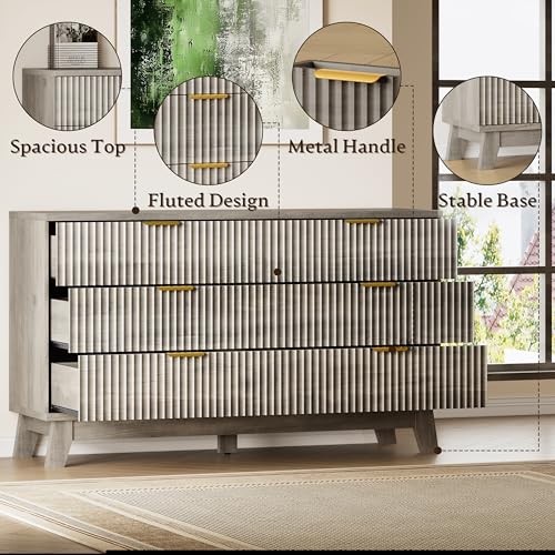 Image of BORNOON Fluted 6 Drawer Dresser, 47.2 inch Wide Modern Boho Chest of Drawers, Wooden Storage Dresser TV Stand for Bedroom, Living Room, Closet, Hallway, Curved Profile Design