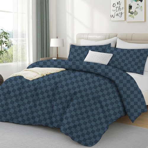 Image of Luxe Dreams Vintage Blue Check Double Duvet Cover Set, Quilt Cover with 2 Pillowcases, 200 x 200cm Soft & Silky bedlinen Set with Zip Closure
