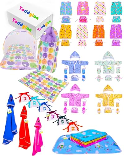 Image of Toddylon New Born Baby Essentials Kit 56 Combo Set (0-6 Months) | Newborn Baby Hospital Bag Kit | Infant Combo Set for New Born | Newborns Baby Dress & Clothing Set | Infants Essentials Kit