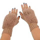 Flammi Women Wool Knit Fingerless Gloves Furry Mittens Wrist Warmers, Brown