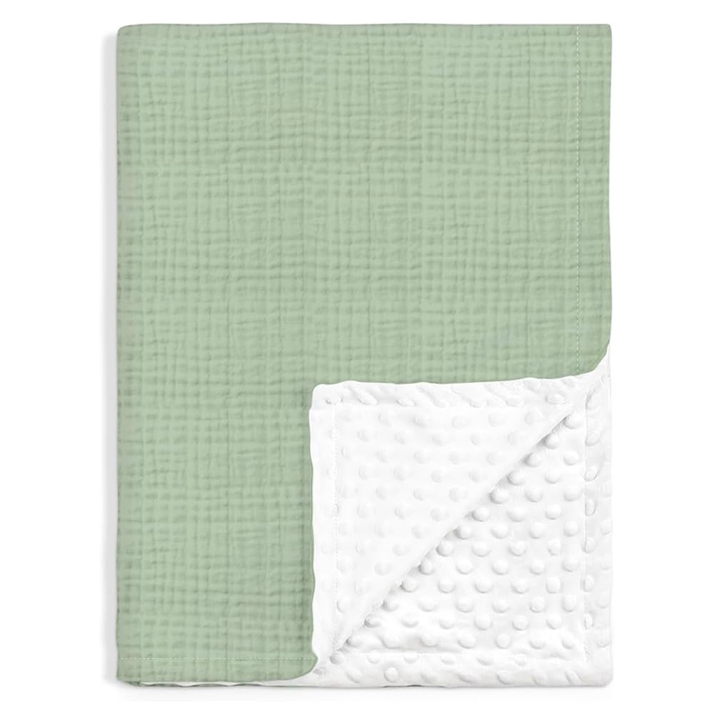 SNOWGAOGAO Baby Blanket for Newborn Boys Girls, Soft Breathable Muslin Cotton & Dotted Fleece Nursery Blankets, Receiving Blanket for Crib, Stroller & Moses Basket, 75x100cm (Green)