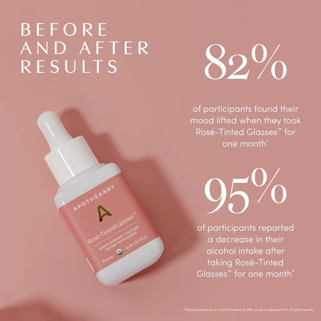 51g0e8QoVoL._AC_SL1080_ Apothékary Rosé-Tinted Glasses, Supports a Balanced Mood & Focus, Alcohol-Free, Wine-Inspired Herbal Liquid Drops with Schisandra Berry & Lion's Mane Mushroom, Certified Organic, 1 fl oz, 30 Servings