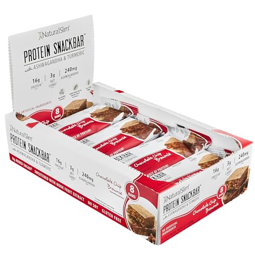 NaturalSlim Protein bars with Ashwagandha & Turmeric – High Protein Snacks Sweetened with Monkfruit & Stevia – Low in Carbohydrates & Low Calorie Snacks, 8 bars per box (8 bars, one box, Chocolate Chip Brownie)