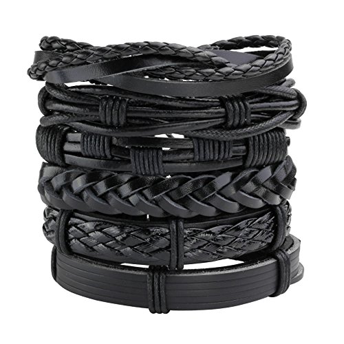 Milakoo Pulsera de cuero trenzado negro para hombres y mujeres Punk Skull Bracelet Rock, Cuero, Sin piedra Cover