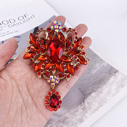 Image of LAXPICOL Wedding Bridal Big Brown Crystal Rhinestone Bouquet Brooch Pin for Women Golden Tone