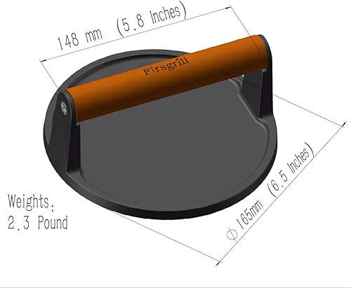 Miniatura 2 de Firsgrill Burger Press - Bistec redondo de hierro fundido resistente de 6.6 pulgadas con mango de madera para parrillas Blackstone Weber Treager