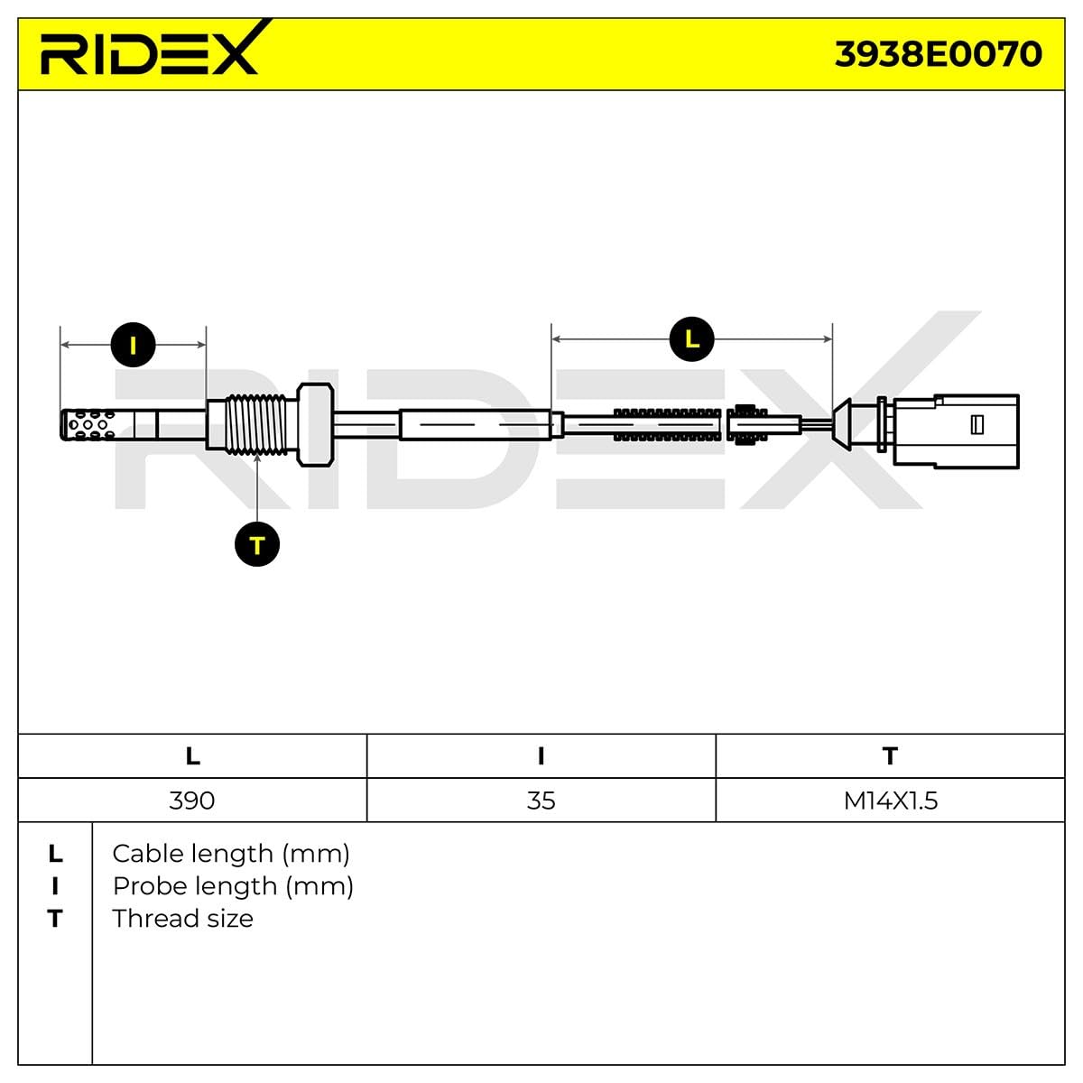 RIDEX 3938E0070 Sensore Temperatura gas scarico Compatibilità con VW Transporter T5 Van 7HA, 7HH, 7EA, 7EH