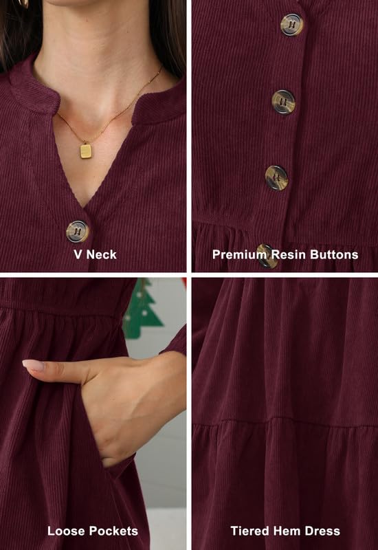 Alaster Queen Abito autunnale da donna, per autunno e inverno, a maniche lunghe, abito da donna, con tasche, scollo a V, lunghezza al ginocchio, per feste, elegante Autumn Dress