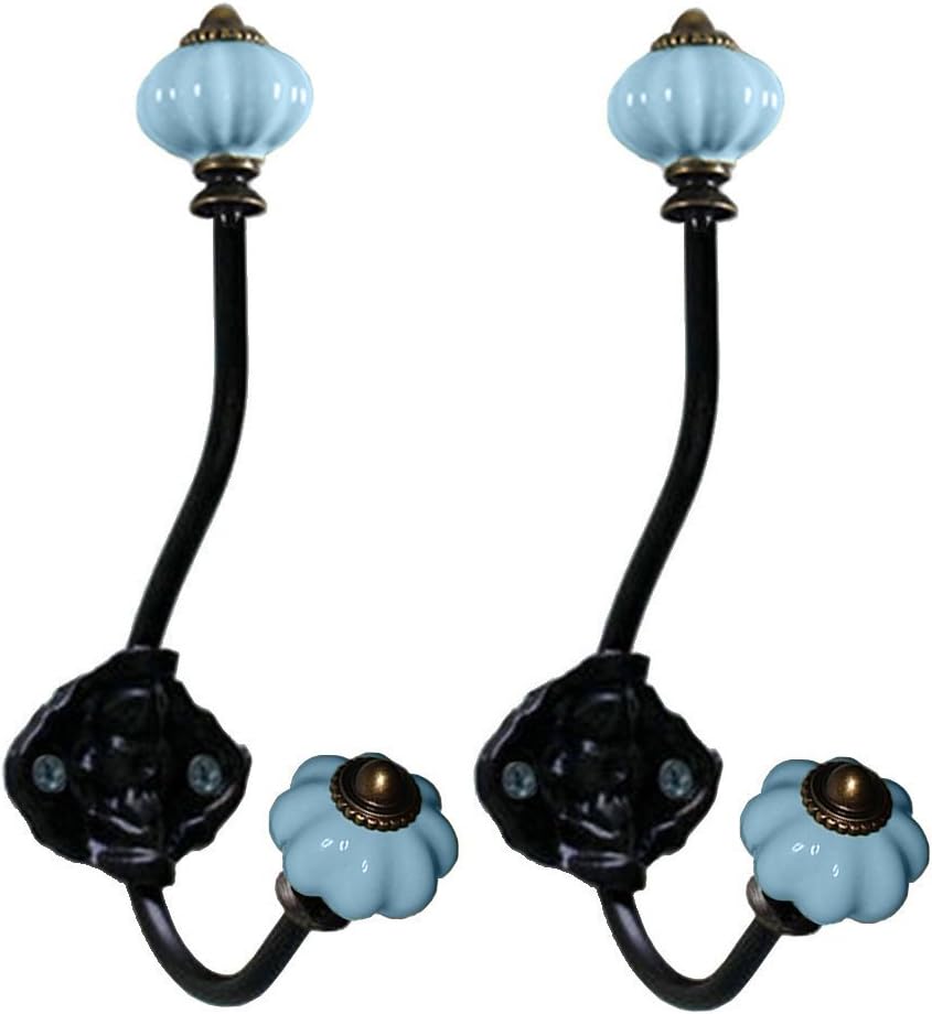 Coat Hooks-Vintage Ceramic Iron Pumpkin Hooks Wall Hooks for Coat Jewelry Hat Scarf Home Decoration-2 Pack (Blue)