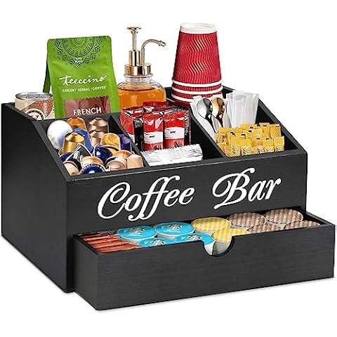 Coffee Bar Organizer Countertop, Wooden Coffee Bar Accessories Organizer With Drawer, Coffee Station Organizer Coffee Pods Holder Storage Basket, Farmhouse Coffee and Tea Condiment Organizer Station Cover