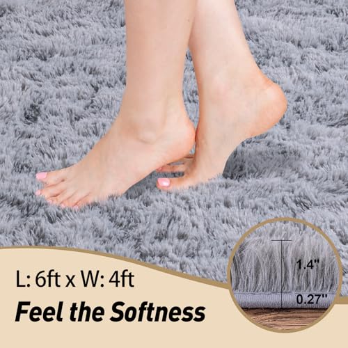 4x6 Rugs for Living Room, Large Fluffy Area Rugs for Bedroom, Soft Carpet Shag Kids Rug with 4 Non-Slip Rug Pads (Light Grey, 4ft x 6ft)